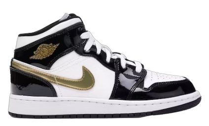 Jordan 1 Mid Patent Black White Gold